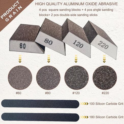 8 Pack Hand Sanding Sponge +Angle Sanding Sponge Block- 60 80 120 220 Coarse Medium Fine Grit + 2 PCS Polishing Sticks Sanding Sticks Sanding Block for Wood-Working Drywall Metal Polishing in Saudi Arabia