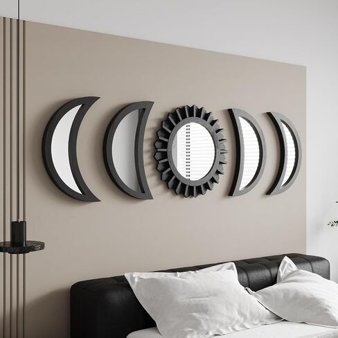 Wall Mirror, Moon Phase Mirror Set, Wall Decor for Bedroom, Bohemian 5PCS Wooden and Real Glass Mirror with Crystal Clear Reflection, Gothic Decor, Multi-Angle Installation (Black) in Saudi Arabia
