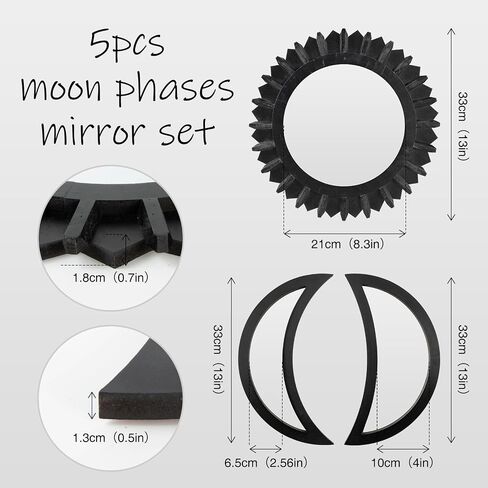 Wall Mirror, Moon Phase Mirror Set, Wall Decor for Bedroom, Bohemian 5PCS Wooden and Real Glass Mirror with Crystal Clear Reflection, Gothic Decor, Multi-Angle Installation (Black) in Saudi Arabia