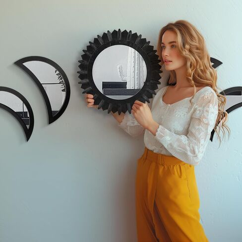 Wall Mirror, Moon Phase Mirror Set, Wall Decor for Bedroom, Bohemian 5PCS Wooden and Real Glass Mirror with Crystal Clear Reflection, Gothic Decor, Multi-Angle Installation (Black) in Saudi Arabia