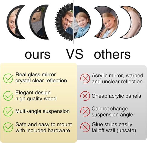 Wall Mirror, Moon Phase Mirror Set, Wall Decor for Bedroom, Bohemian 5PCS Wooden and Real Glass Mirror with Crystal Clear Reflection, Gothic Decor, Multi-Angle Installation (Black) in Saudi Arabia