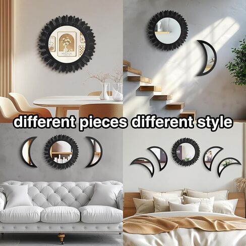 Wall Mirror, Moon Phase Mirror Set, Wall Decor for Bedroom, Bohemian 5PCS Wooden and Real Glass Mirror with Crystal Clear Reflection, Gothic Decor, Multi-Angle Installation (Black) in Saudi Arabia