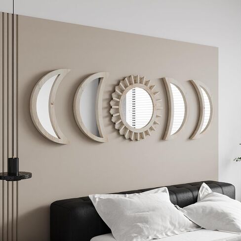 Wall Mirror, Moon Phase Mirror Set, Wall Decor for Bedroom, Bohemian 5PCS Wooden and Real Glass Mirror with Crystal Clear Reflection, Gothic Decor, Multi-Angle Installation (Black) in Saudi Arabia
