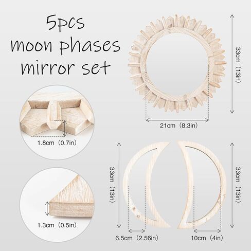Wall Mirror, Moon Phase Mirror Set, Wall Decor for Bedroom, Bohemian 5PCS Wooden and Real Glass Mirror with Crystal Clear Reflection, Gothic Decor, Multi-Angle Installation (Black) in Saudi Arabia
