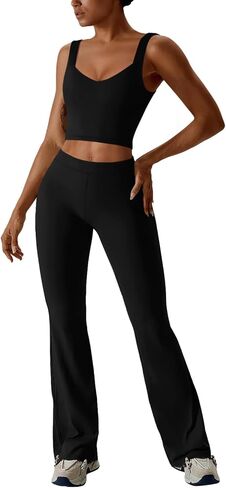 REORIA Women's Two Piece Workout Sets V Neck Crop Tank Top and High Waisted Flare Leggings Pants Lounge Sets in Saudi Arabia