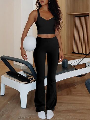REORIA Women's Two Piece Workout Sets V Neck Crop Tank Top and High Waisted Flare Leggings Pants Lounge Sets in Saudi Arabia