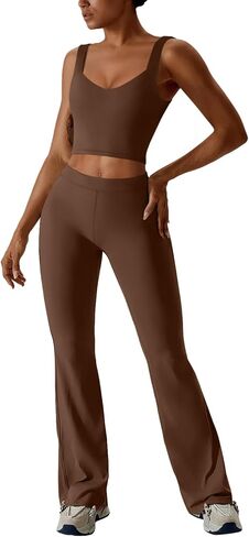 REORIA Women's Two Piece Workout Sets V Neck Crop Tank Top and High Waisted Flare Leggings Pants Lounge Sets in Saudi Arabia