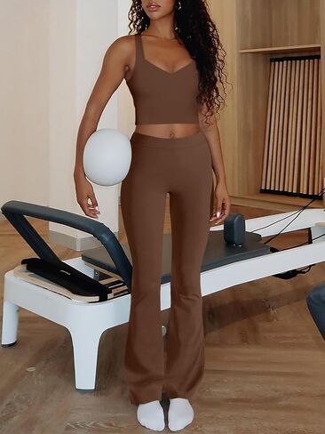 REORIA Women's Two Piece Workout Sets V Neck Crop Tank Top and High Waisted Flare Leggings Pants Lounge Sets in Saudi Arabia
