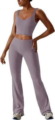 REORIA Women's Two Piece Workout Sets V Neck Crop Tank Top and High Waisted Flare Leggings Pants Lounge Sets in Saudi Arabia