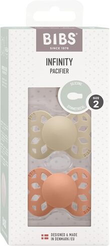 BIBS Pacifiers - Infinity Collection with Symmetrical Nipple| BPA-Free Baby Pacifier | Made in Denmark | Set of 2 Vanilla/Peach Color Premium Soothers | Size 6-18 Months in Saudi Arabia