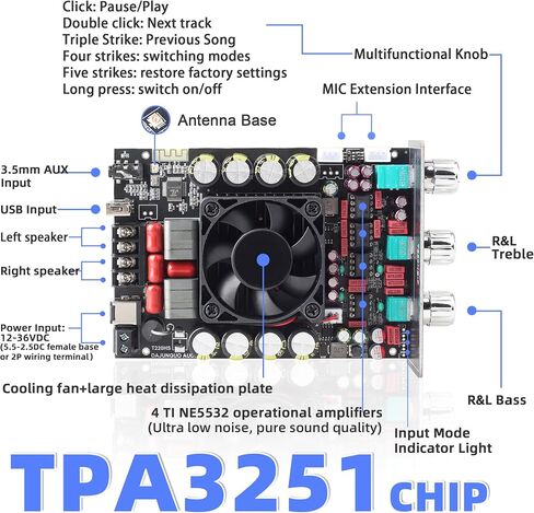 T220HS Power Amplifier Board with Subwoofer 2.0 Channel 220W×2, 12V-36V Audio Power Amplifier Module with Treble and Bass Control in Saudi Arabia