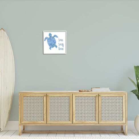 Stupell Industries Patterned Blue Sea Turtle Beach Phrase Calligraphy, Design by Jackie Decker, 17 x 17, White Framed in Saudi Arabia