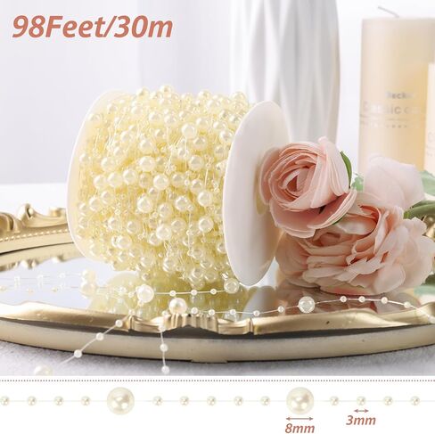 DomeStar 98Ft. White Pearls String, Iridescent Pearl Beads Garland Craft String Pearls 3-8mm Sparkling Faux Pearls Strand for Wedding Christmas Decoration DIY Accessories in Saudi Arabia