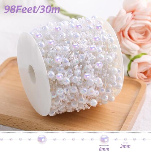 DomeStar 98Ft. White Pearls String, Iridescent Pearl Beads Garland Craft String Pearls 3-8mm Sparkling Faux Pearls Strand for Wedding Christmas Decoration DIY Accessories in Saudi Arabia