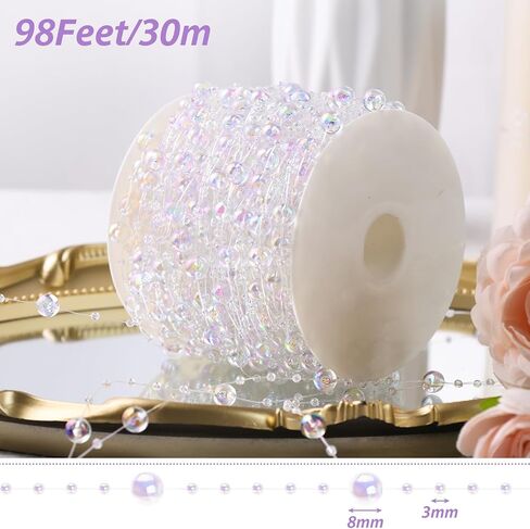 DomeStar 98Ft. White Pearls String, Iridescent Pearl Beads Garland Craft String Pearls 3-8mm Sparkling Faux Pearls Strand for Wedding Christmas Decoration DIY Accessories in Saudi Arabia