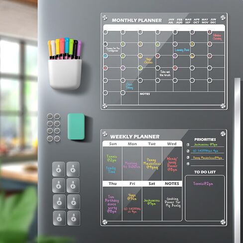 Clear Acrylic Magnetic Calendar for fridge(16x12) - Monthly & Weekly Planner Clear Dry Erase Boards for Refrigerator - 8 Vivid Markers & Smudge-Free Erasing - Complete Planning Set ! in Saudi Arabia