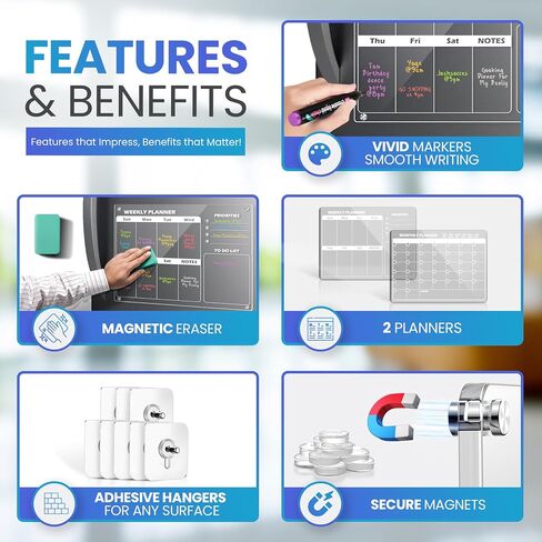 Clear Acrylic Magnetic Calendar for fridge(16x12) - Monthly & Weekly Planner Clear Dry Erase Boards for Refrigerator - 8 Vivid Markers & Smudge-Free Erasing - Complete Planning Set ! in Saudi Arabia