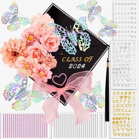 80UncleKimby Graduation Cap Decorations: DIY Grad Hat Topper Kit, Include Flower Glitter Stickers Letters Butterflies - Handmade Decoration(No Glue&Cap) in Saudi Arabia