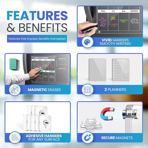 Clear Acrylic Magnetic Calendar for fridge(16x12) - Monthly & Weekly Planner Clear Dry Erase Boards for Refrigerator - 8 Vivid Markers & Smudge-Free Erasing - Complete Planning Set ! in Saudi Arabia