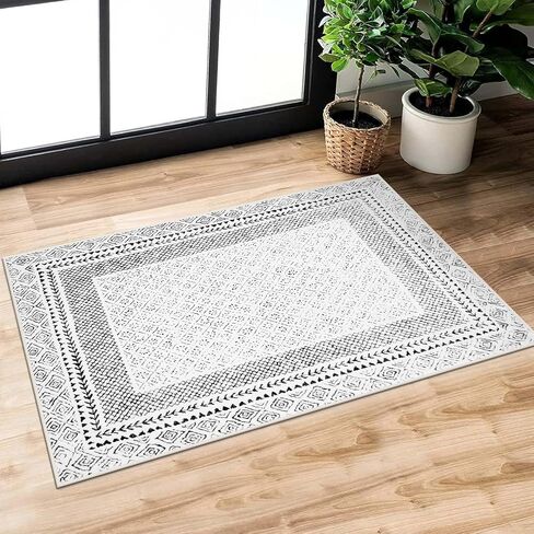 Washable Round Rug 4ft, Soft Modern Moroccan Circle Rugs for Bedroom, Non-Slip Low Pile Boho Rug for Living Room, Geometric Tribal Throw Carpet for Kitchen Entryway Playroom, Beige in Kuwait