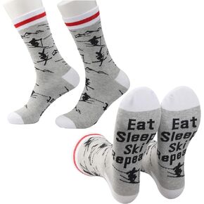 PXTIDY 2 Pairs Skiing Socks for Skiers Eat Sleep Repeat Skiing Lover Gift Funny Skiing Gifts for Ski Lovers Ski Coach Gift