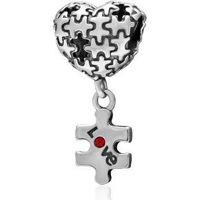 Autism Awareness Charm Puzzle Charm 925 Sterling Silver Red Heart Charm Love Charm for Pandora Bracelet