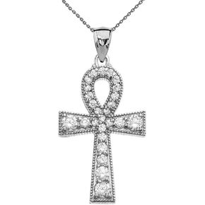 Cubic Zirconia Sterling Silver Ankh Cross Pendant Necklace