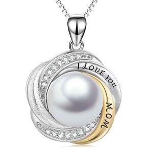 Diamond "I Love You Mom" Pearl Necklace Sterling Silver, Birthday Christmas Jewelry Gifts for Mother, (0.13 ct, 10 mm Freshwater Cultured) 18-20 Inch
