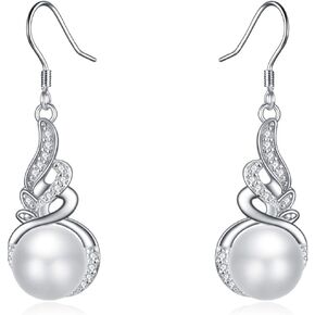 LONAGO Pearl Drop Earring White Pearl Dangle Earrings with Angel Wing Cubic Zirconia Silver Pearls Dangle Earring for Women