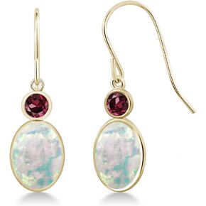 14K Yellow Gold White Simulated Opal and Red Rhodolite Garnet Hook French Fish Ear Wire Dangle Earrings For Women (2.34 Cttw, Gemstone October Birthstone, Oval Cabochon 8X6MM, Round 3MM)