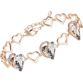 Leafael 18K Rose Gold Plated Love Heart Link Bracelet with Healing Stone Crystal Jewelry Gifts for Women, 7" Chain + 2" Extender