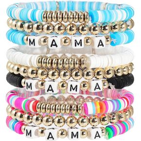 Pingyongchang 9 Pcs MAMA Heishi Bracelet Set Stackable Heishi Clay Beaded Stretch Surfer Bracelet Summer Beach Elastic Layering Bracelets For Women Mother Thanksgiving Mother's Day Gifts Jewelry