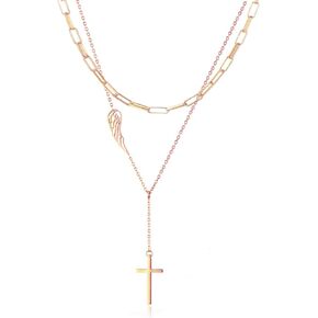 WDSHOW Layered Paperclip Choker Angel Wing Cross Pendant Y Necklaces Gifts for Women Girls