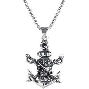 MayiaHey Gothic Pirate Skull Pendant Necklace for Men, Stainless Steel Pirate Anchor Necklace Nautical Anchor Crossed Sword Necklace for Boys