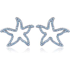 Silver Starfish Earrings for Women Hollow Design Cute Sea Star Stud Earrings with Blue Rhinestone Bohemian Starfish Statement Ocean Earrings for Party Boho Summer Beach Vacation Jewelry Gift for Girls