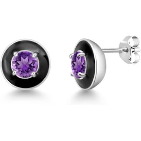 Gem Stone King 925 Sterling Silver Purple Amethyst Black Enamel Stud Earrings For Women (0.95 Cttw, Gemstone Birthstone, Round 5MM)