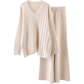hathne 2 Piece Outfits for Women Sweater and High Waist Wide Leg Pants Lounge Sets Long Sleeve Knit V Neck Pullover Tops