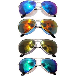 OWL Aviator Sunglasses Vintage Gold Metal Frame Assorted Mirror Lenses (4 PACK)