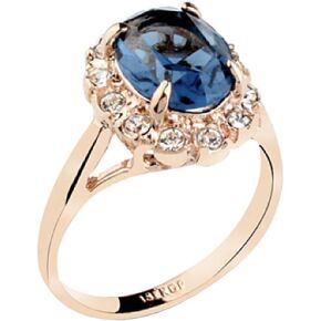 Rose Gold Plated Oval Shaped Gem Style Ring with Sapphire Blue Swarovski element Crystal and Clear Round Shaped Cubic Zirconia Fashion Jewelry for Women