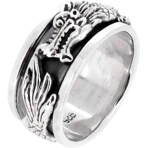 VN Jewelry MENS 10MM Dragon Ring, 925 Sterling Silver Spin Stress Relief Ring Size 8, 9, 10, 10,5, 11, 12, 13, 14