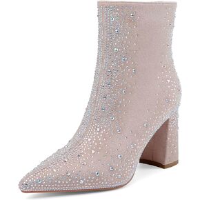 Women's Sparkly Rhinestone Block Heel Ankle Boots Fashion Pointed Toe Black Suede Side Zipper Chunky Heeled Booties