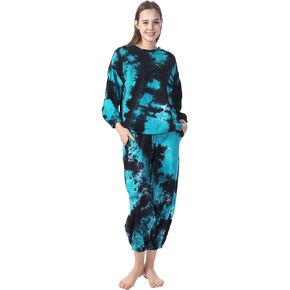 2 PieceTie Dye Pajama Set for Women Cotton 3/4 Sleeve Tops and Pants with Pockets Sleepwear Loungewear Pjs Set