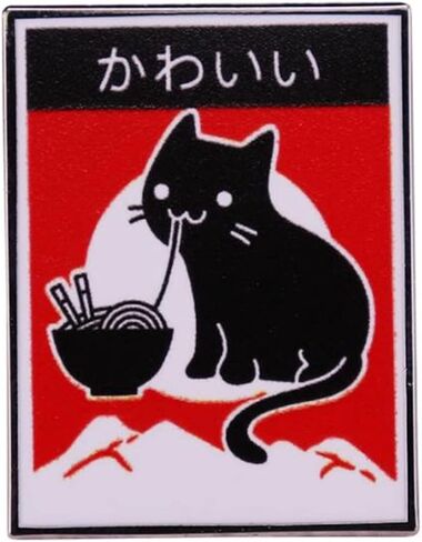 Cute Black Cat Hard Enamel Pin Eating Noodle Ramen Pin Cartoon Kitty Brooch Lovely Cat Who Likes noodles Lapel Pin Animal Badge Jewelry Accessories, Alloy Steel, no gemstone, Alloy Steel, no gemstone in Kuwait