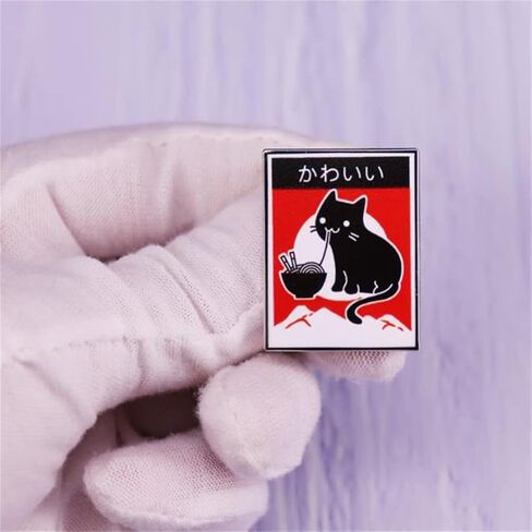 Cute Black Cat Hard Enamel Pin Eating Noodle Ramen Pin Cartoon Kitty Brooch Lovely Cat Who Likes noodles Lapel Pin Animal Badge Jewelry Accessories, Alloy Steel, no gemstone, Alloy Steel, no gemstone in Kuwait