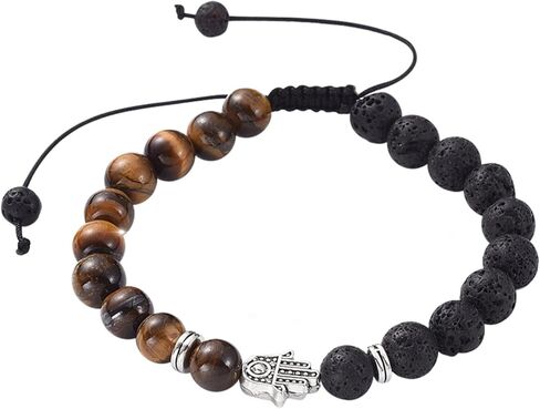 Tigers Eye Bracelet For Men - Triple Protection Bracelet with Lava Rock, Tiger Eye Beads and Hamsa Hand Charm – Beaded Bracelets for Positivity Calm Stress Relief - Brazaletes Para Hombres, Real in Kuwait