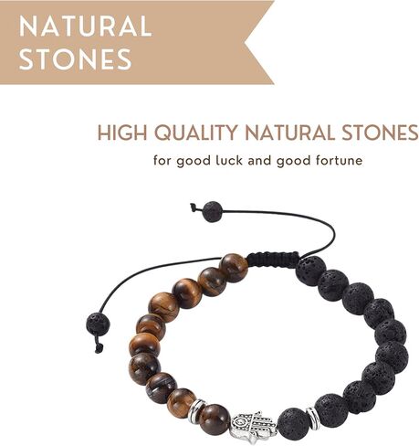 Tigers Eye Bracelet For Men - Triple Protection Bracelet with Lava Rock, Tiger Eye Beads and Hamsa Hand Charm – Beaded Bracelets for Positivity Calm Stress Relief - Brazaletes Para Hombres, Real in Kuwait