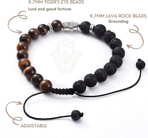 Tigers Eye Bracelet For Men - Triple Protection Bracelet with Lava Rock, Tiger Eye Beads and Hamsa Hand Charm – Beaded Bracelets for Positivity Calm Stress Relief - Brazaletes Para Hombres, Real in Kuwait