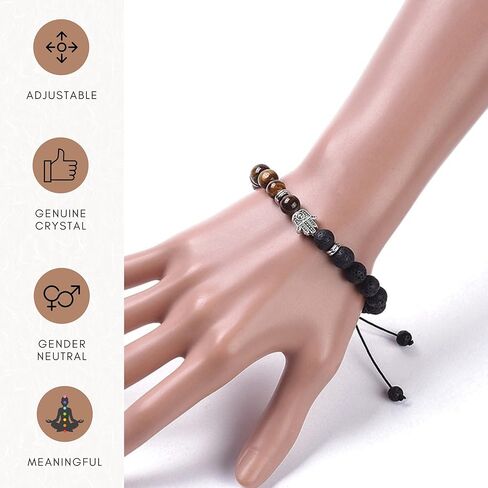 Tigers Eye Bracelet For Men - Triple Protection Bracelet with Lava Rock, Tiger Eye Beads and Hamsa Hand Charm – Beaded Bracelets for Positivity Calm Stress Relief - Brazaletes Para Hombres, Real in Kuwait