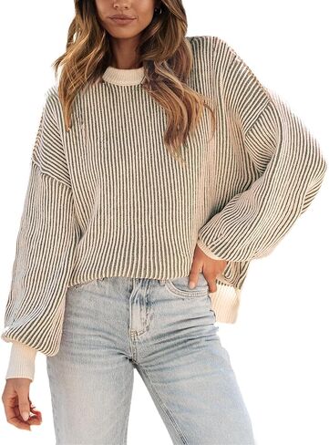 سترة شانيل للنساء كاجوال برقبة دائرية بلوفر مخطط بلوفر علوي للخريف in Kuwait