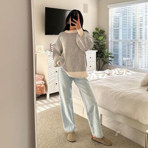 سترة شانيل للنساء كاجوال برقبة دائرية بلوفر مخطط بلوفر علوي للخريف in Kuwait